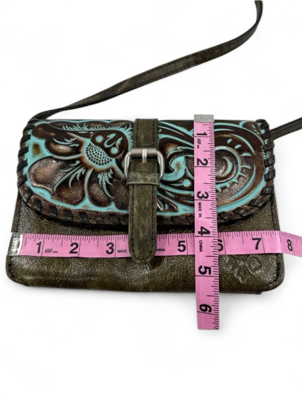 Patricia Nash Brown & Turquoise Torri Crossbody Tooled Leather Purse Bag Western - Picture 6 of 6